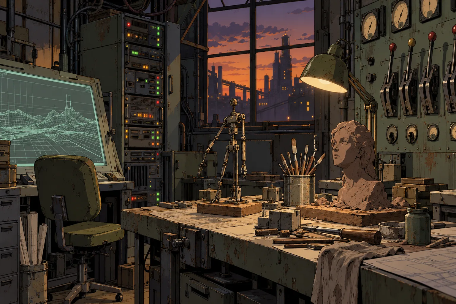 Weathered workshop relay room at dusk: a workbench with a small robot armature and clay bust, a wireframe map console, a server rack, and a wall of gauges and levers